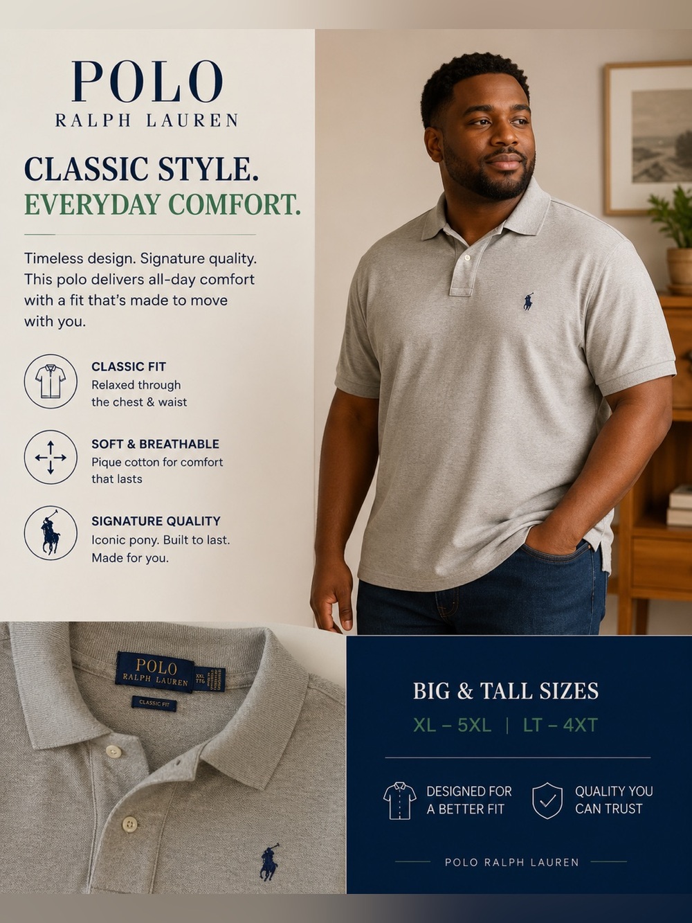 Ralph Lauren Men's Grey Polo Shirt with Navy Pony